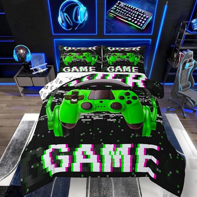 Erosebridal Boys Twin Bedding Sets,Gaming Comforter Sets for Boys Gamer Bedding Set,Toddler Bedding Gaming Bed Kids Comforter Set,Green