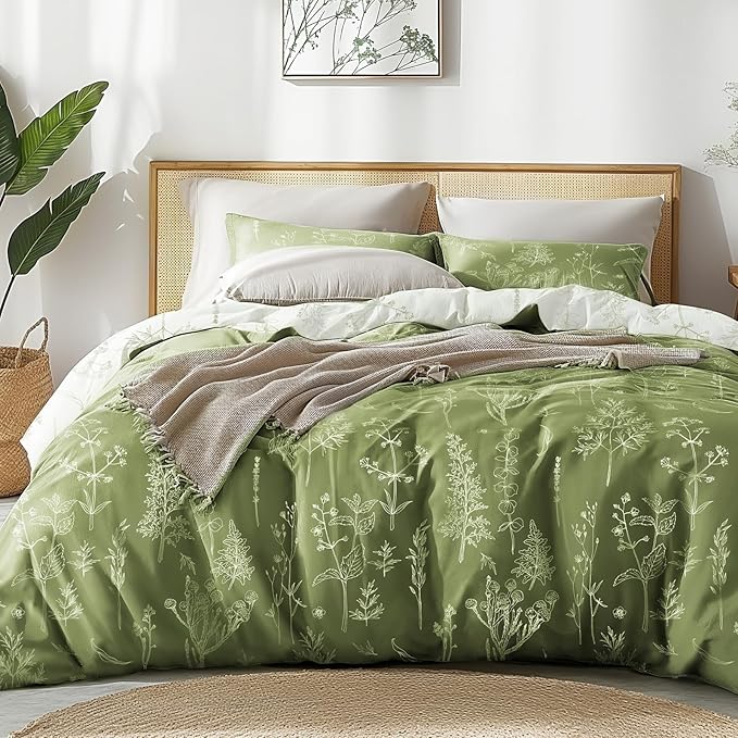Love's cabin Olive Green Twin Comforter Set - Twin XL Size Comforter Set Dorm Bedding, 2 Pieces Cute Floral Bedding, Soft Reversible Flowers Comforter, 1 Comforter & 1 Pillow Sham