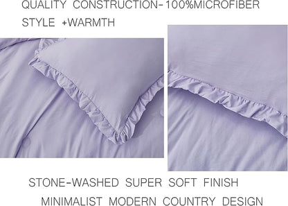 Chezmoi Collection Nora Lavender Comforter Set Twin Size 2-Piece Lightweight Soft Fluffy Ruffled Edge Trim Stone-Washed Microfiber Comforter Set for All Season