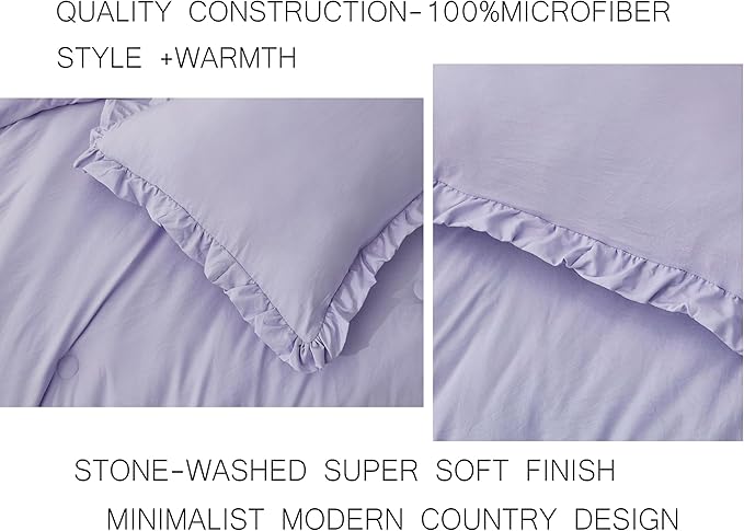 Chezmoi Collection Nora Lavender Comforter Set Queen Size 3-Piece Lightweight Fluffy Soft Lightweight Bedding Ruffled Edge Trim Stone-Washed Microfiber Comforter Set for All Season