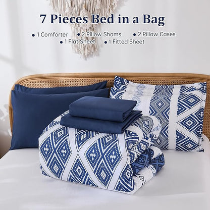 Luxudecor Blue Comforter Set King Size 7 Pieces,Boho Aztec Comforter with Sheet Set,Geometric Striped Pattern Bed in a Bag,Soft Microfiber Bed Set 104"x90"