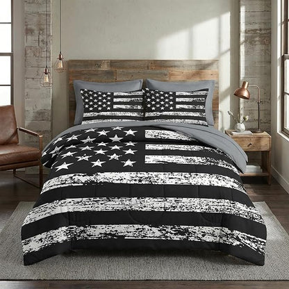 Nesker 7 Pcs Comforter Set Full Size, Black White USA American Flag Bedding Set for Kids and Adults, Vintage Stars Stripes Flags Boys Bed Sheet Sets with Fitted Sheet 2 Pillowcases & 2 Shams