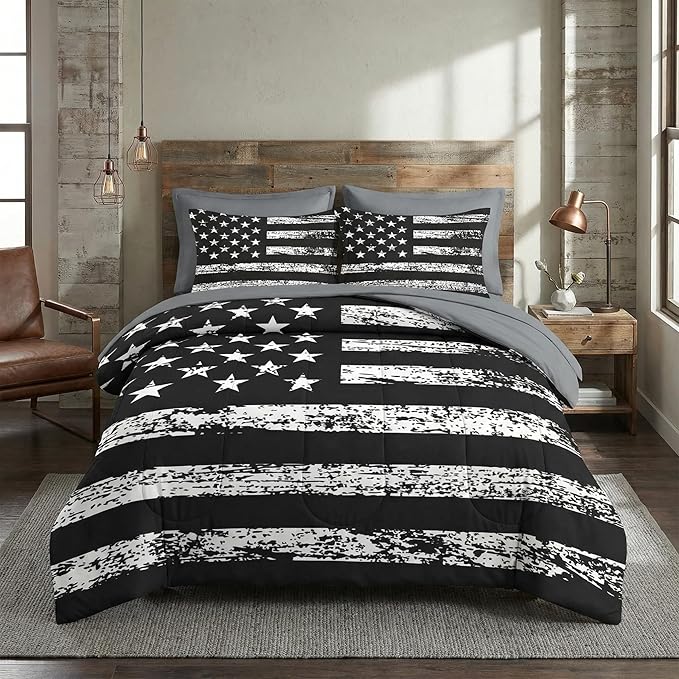 Nesker 7 Pcs Comforter Set Queen Size, Black White USA American Flag Bedding Set for Kids and Adults, Vintage Stars Stripes Flags Boys Sheets Bed Sheet Sets with Fitted Sheet 2 Pillowcases & 2 Shams