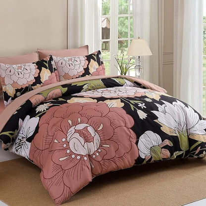 DJY 7 Pieces Black Floral Comforter Set Queen Size Blush Pink Botanical Bed in a Bag, Soft Microfiber Boho Farmhouse Bedding Floral Comforter with Sheets Set for All Season (90''x90'')