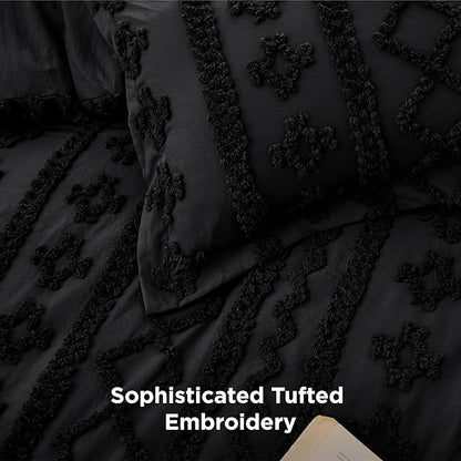 Bedsure Tufted Boho Comforter Set Queen Size - Black Boho Bed Set, GentleSoft™ 3 Pieces Farmhouse Shabby Chic Embroidery Bedding, Gifts for Woman, Soft Jacquard Queen Comforter for All Seasons