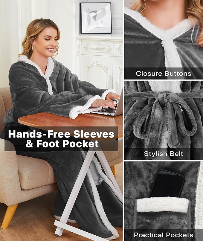 Portable Heated Blanket - Wearable Heated Blanket Throw with Foot Pockets, Sleeves Flannel Sherpa Wearable Blanket 8 Heating Levels & Timer Snuggle Blankets for Home Office - Heated Robe 50*70"