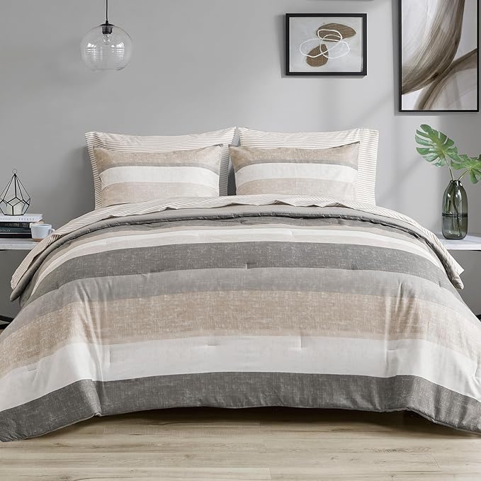 Madison Park Essentials Twin Comforter Set, Bed in A Bag Comforter & Sheet Set, Modern Casual Stripes Print, All Seasons, Soft Microfiber Bedding Makeover, Matching Shams, Twin Taupe/Grey 5 Piece