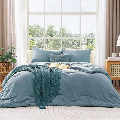 WRENSONGE Full Size Comforter Sets - 3 Pieces Dusty Blue Comforter Prewashed Soft Lightweight for All Seasons, Fluffy Down Alternative Comforter Full Size with 2 Pillow Shams