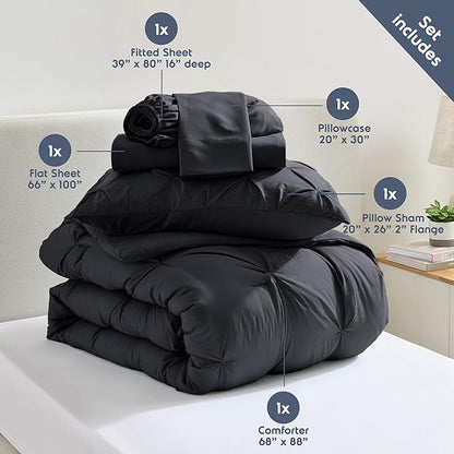 Nestl Twin XL Comforter Set 5 Piece - Pintuck Twin XL Bedding Set Black, College Dorm Room Essentials Bed in a Bag, Twin XL Comforter Set for College Girls and Boys with Sheets, Pillowcase and Sham