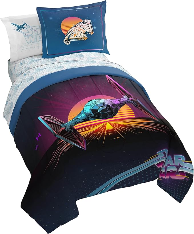 Jay Franco Kids Comforter Set Includes Sheets and Pillow Covers - Soft and Cozy Bed Set for Stylish Room Decor, Blue - Star Wars 02, 7 Piece Full Size Bedding