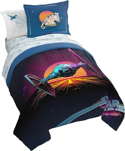 Jay Franco Kids Comforter Set Includes Sheets and Pillow Covers - Soft and Cozy Bed Set for Stylish Room Decor, Blue - Star Wars 02, 7 Piece Full Size Bedding