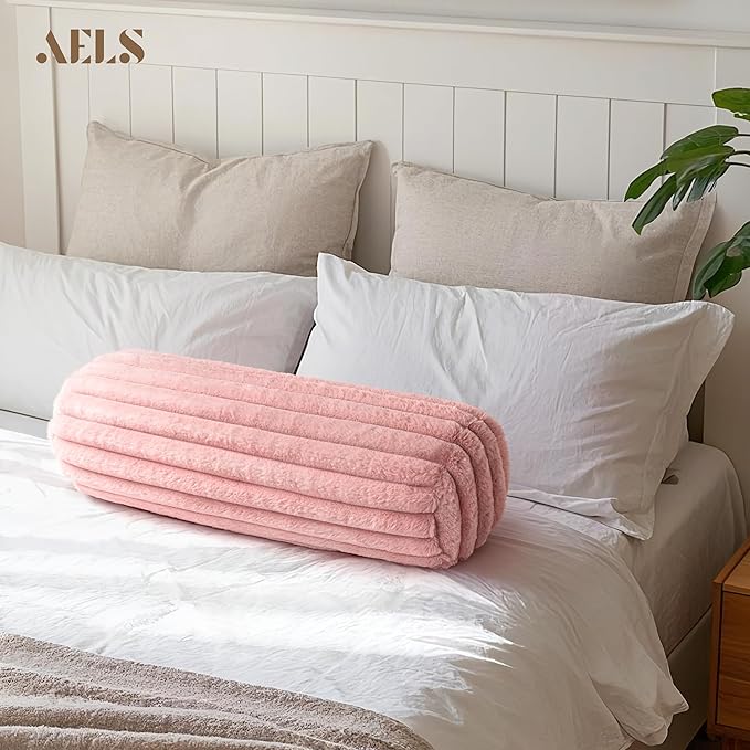 AELS Faux Fur Striped Cylinder Pillows Set of 2, 8" x 24" Decorative Modern Bolster Pillows with Removable Washable Cover & Insert, Body Pillow for Couch Bed, Living Room Bedroom Nursery Decor, Pink