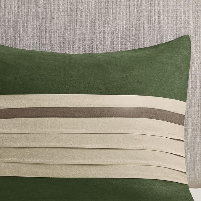 Madison Park Palmer Comforter Set-Luxury Faux Suede Design, Striped Accent, All Season Down Alternative Bedding, Matching Shams, Decorative Pillow, Bed Skirt, Queen (90 in x 90 in), Green 7 Piece