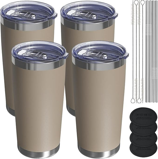 Travel Coffee Tumbler 20oz, 4 Pack Leakproof Travel Coffee Mug with Lid and Straw, Stainless Steel Double Wall Vacuum Insulated Tumbler for Hot/Iced Drinks (Textured Matte, Brown)