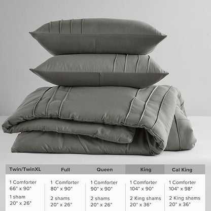 Comfort Spaces Grey King Size Comforter Set - 3 Pieces Pintuck Pleated Bedding Sets, All Season Lightweight, Extra Softness Pre-Washed Microfiber Bed Set, Shams