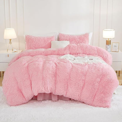 Andency Pink Comforter Full Size, 3 Pieces Fluffy Faux Fur Warm Soft Fuzzy Plush Bedding Comforter Set, Puffy Comfy Down Alternative Comforter Blanket Set
