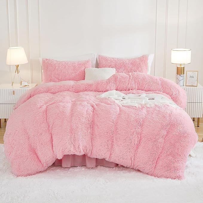 Andency Faux Fur Pink Comforter Set Queen Size, 3 Pieces Fluffy Fuzzy Plush Bedding Comforter Set (1 Shaggy Velvet Comforter & 2 Pillowcases), Soft Puffy Comfy Down Alternative Comforter Bedding Set