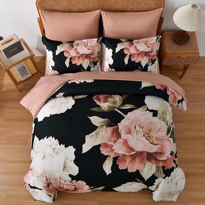 Dobuyly Black Queen Comforter Set 7 Piece Bed in a Bag, Pink Floral Printed on Black Comforter Set with Sheets, Soft Microfiber Botanical Flower Bedding Set for All Season