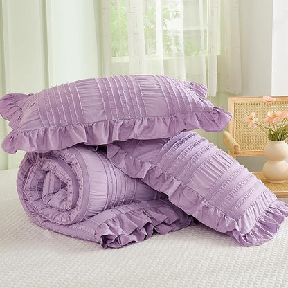 WONGS BEDDING Purple Comforter Set Queen,3 Pieces Ruffle Farmhouse Shabby Chic Comforter for Queen Bed,Soft Seersucker Textured Boho Bedding Set with 1 Ruffle Comforter,2 Tufted Pillowcases 90"×90"