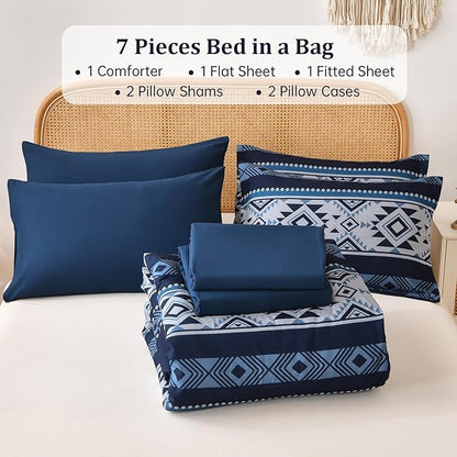 Anibedding King Size Comforter Set Navy Blue,7 Pieces Boho Bed in a Bag Aztec Western Bedding Set, Soft Microfiber Bed Comforter Set for All Season