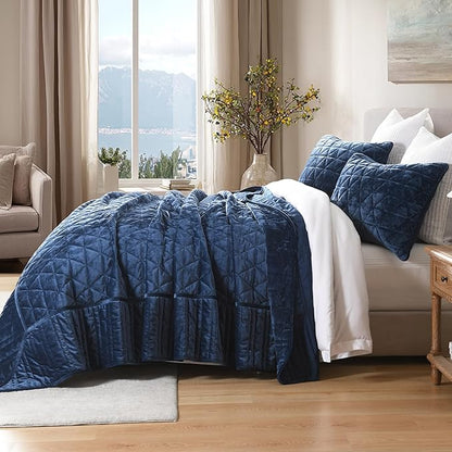 Homzard Velvet California King Size Quilt, Oversized California Comforter Set Navy Blue Bedding Set (118”*106”) with 2 Pillow Shams, Patchwork Bedspread Set, Lightweight Bedding Coverlet 3 Piece
