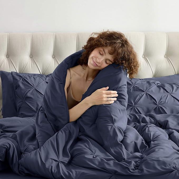 Nestl California King Comforter Set 7 Piece - Pintuck Cal King Comforter Set Navy, California King Bed in a Bag, All Season Bed Set with Flat Sheet and Fitted Sheet, Pillowcases and Shams