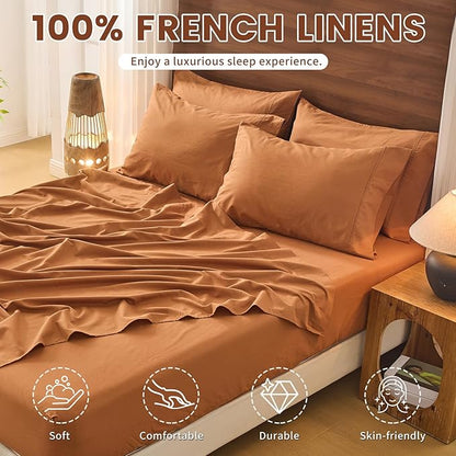 Bedlifes 100% French Pure Linen Sheets California King Size Breathable and Cooling Flax Sheet Set Soft Durable and Moisture Wicking 16 Inch Deep Pocket-4 Piece(Cal King,Brown)