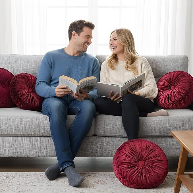 1 Pcs Round Throw Pillows Decorative Velvet Pleated Throw Pillows 15'' Diameter Accent Pumpkin Boho Chair Cushion for Couch Sofa Chair Bed Home Decoration (Wine Red)