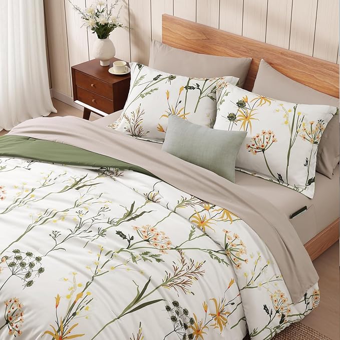 WRENSONGE Botanical Comforter Set Queen Size-7 Pieces Dandelion Bed in a Bag with Flowers Pattern, Soft Floral Complete Bedding Set with Sheets for All Season