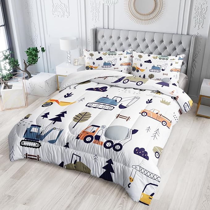 Cartoon Car Comforter Sets Queen，Bedding Sets for Kids,Construction Excavator Comforter Sets All Season 1 Comforter and 2 Pillowcases