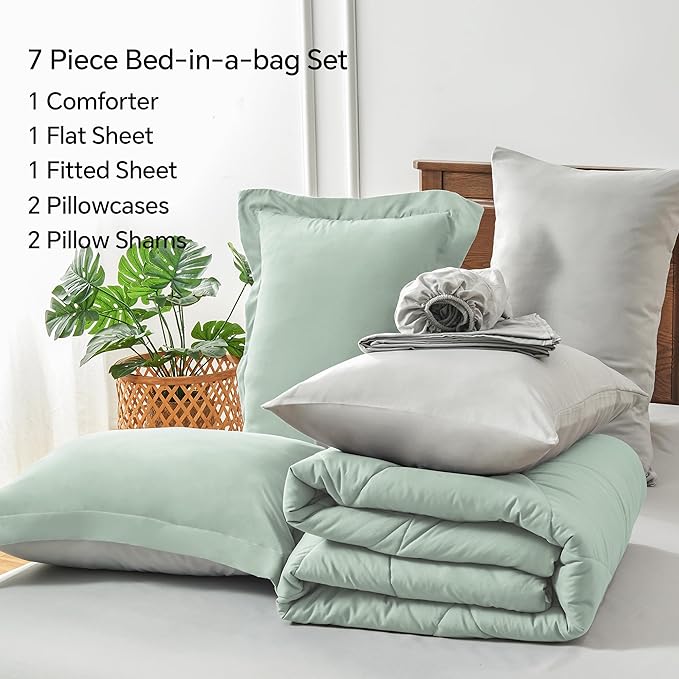 BEDELITE Queen Comforter Set 7 Pieces Bed in A Bag - Soft Microfiber Reversible Sage Green Bed Set with Comforters, Sheets, Pillowcases & Shams, Cozy Luxury Bedding Sets for All Season