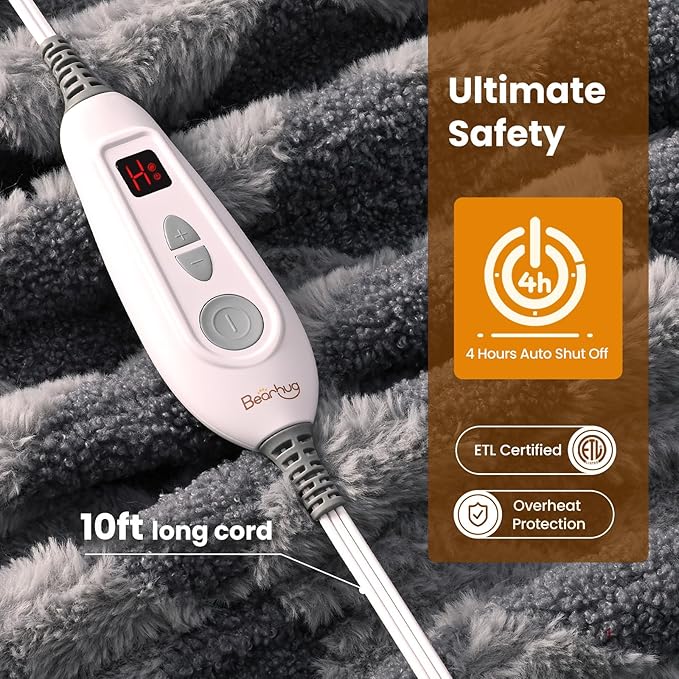 Bearhug Heated Throw Blanket 50" × 60", Electric Blanket Gray Teddy Faux Fur & Warm Sherpa, 4h Auto-Off Timer& 6 Heating Levels, Reversible Heated Throw, ETL Certified, Machine Washable, Gift Box