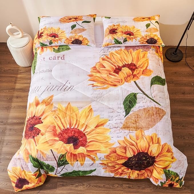 Sunflower Comforter Sets,Seamless Pattern with Hand Drawn Vibrant Yellow Watercolor Sunflowers on The Background,Decorative Bedding Comforter Sets with 2 Pillow Shams, Twin Size