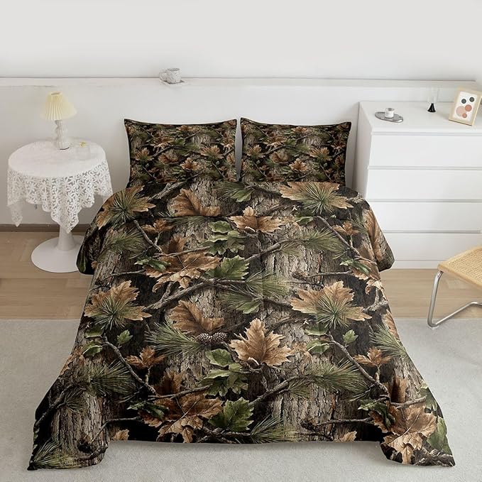 Erosebridal Camo Hunting Comforter Set King Size Rustic Camouflage Bedding Set for Adutls Men Women Woodland Cabin Tree Leaves Comforter Camping Farm House Quilt Bedroom Decor