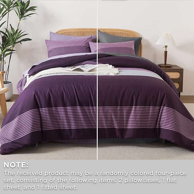 Andency King Size Comforter Set Purple - 7 Pieces Striped Lightweight Bed in a Bag, Soft Microfiber Reversible Bedding Set with Comforter, Fitted & Flat Sheet, Pillowcases & Shams