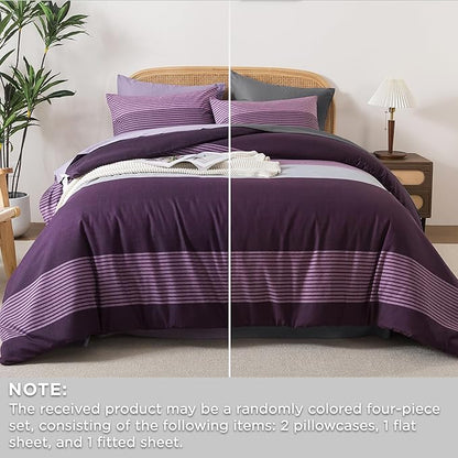 Andency King Size Comforter Set Purple - 7 Pieces Striped Lightweight Bed in a Bag, Soft Microfiber Reversible Bedding Set with Comforter, Fitted & Flat Sheet, Pillowcases & Shams