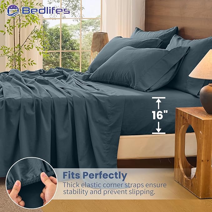 Bedlifes 100% French Pure Linen Sheets Queen Size Breathable and Cooling Flax Sheet Set Soft Durable and Moisture Wicking 16 Inch Deep Pocket-4 Piece(Queen,Cool Gray)