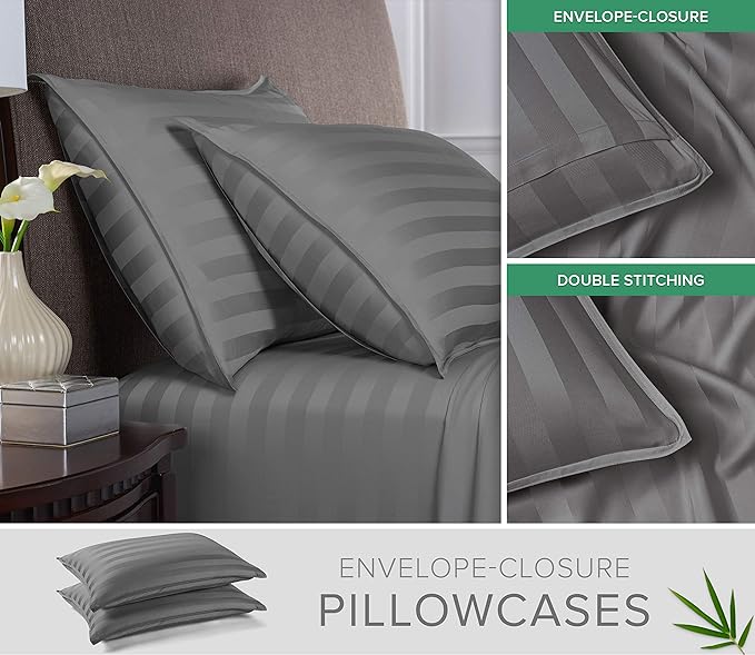 Pure Bamboo Queen Sheets, Genuine 100% Organic Viscose Derived from Bamboo Bed Sheet Set, Luxuriously Soft & Cooling, Double Stitching, 2 Year Quality Promise (Queen, Jacquard Stone)