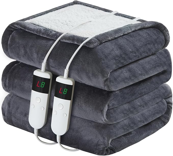 Electric Heated Blanket Queen Size 84''x90'' Soft Flannel & Sherpa Electric Blanket with 10 Heating Levels, Automatically Shut Down After 8h with Overheat Protection Machine Washable