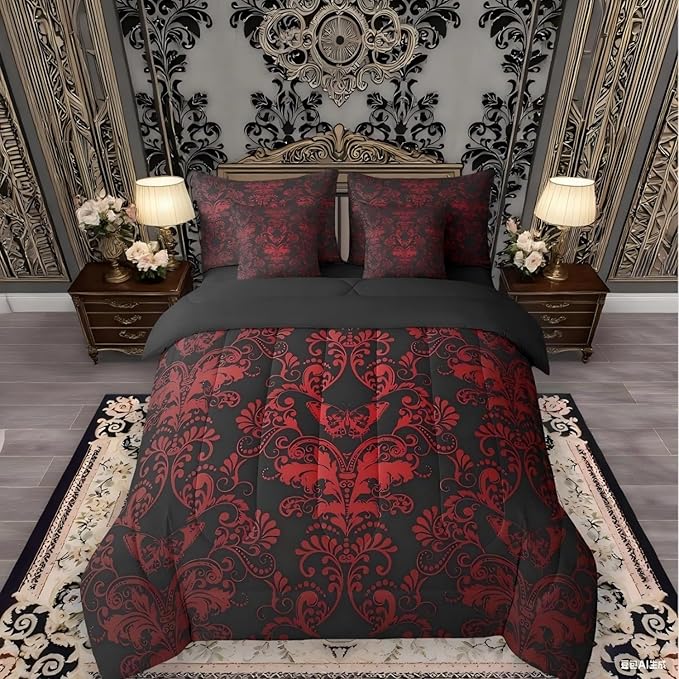 Erosebridal Gothic Damask Comforter Set 7 Piece Bed in a Bag Twin,Butterfly Skull Bedding Sets Red Black Victorian Floral Goth Sheet Set with Comforter