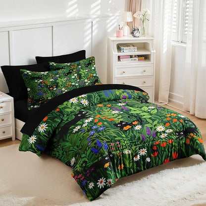 Nesker 7 Pcs Spring Comforter Set King Size, Black Cat Flower Bedding Set for Kids and Adults, Green Garden Bed Sheet Sets with Fitted Sheet 2 Pillowcases & 2 Shams