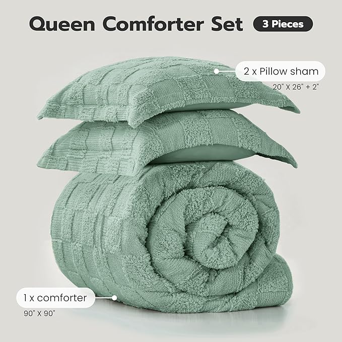Joiedomi Tufted Queen Comforter Set, 3 Pieces Sage Green Boho Queen Bedding Set with 1 Plaid Geometric Comforter and 2 Pillow Shams, Checkered Bed in a Bag for All Seasons