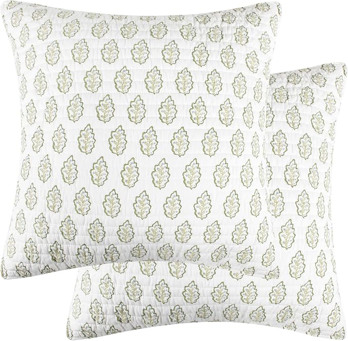 Levtex Home - Maileen Dusty Rose - Euro Sham Set of 2 - Leaves - Green Ochre Off-White - (26x26in.), No Insert - Cotton