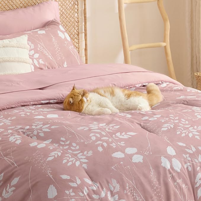 Bedsure Rose Pink King Comforter Set - 7 Pieces Floral Bedding Sets King Bed in a Bag with Reversible Botanical Flowers Comforter, Sheets, Pillowcases & Shams