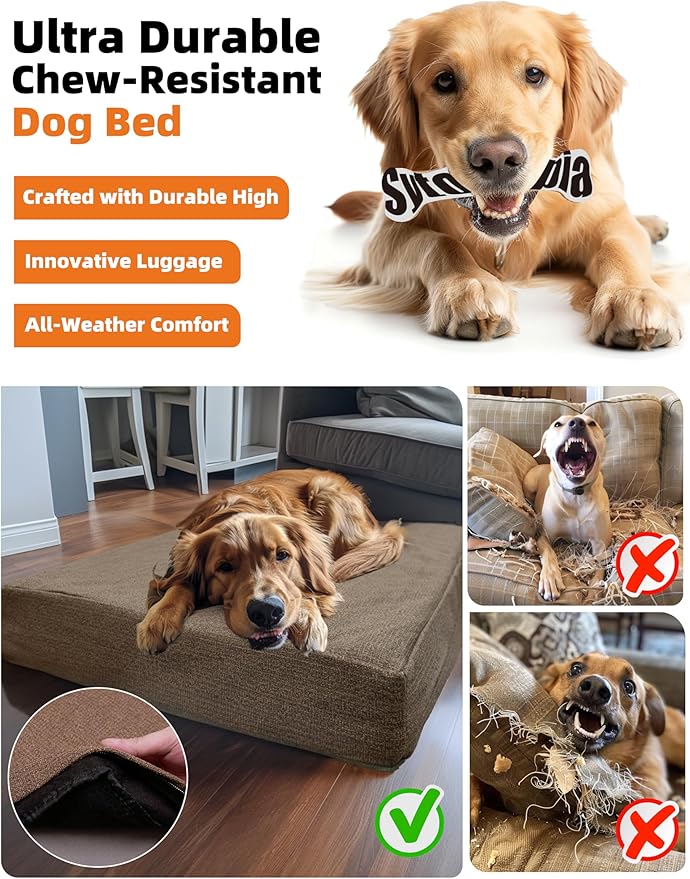 Sytopia Indestructible 50 Inch Orthopedic Waterproof Dog Crate Bed chew Proof for Extra Large Dogs, Removable Washable Cover, Egg Crate Foam Mat, Suitable for Dogs Up to 130 lbs, Brown