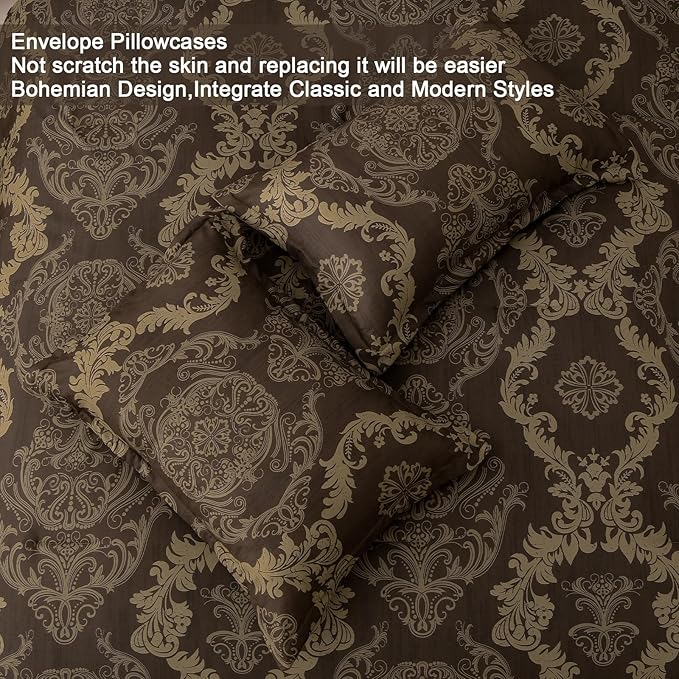 WONGS BEDDING Damask Comforter Set Queen Size, Coffee Gold Texture Design 7 Pcs Bed in a Bag Microfiber Comforter Bedding Sets -1 Comforter, 1 Flat Sheet, 1 Fitted Sheet, 2 Pillow Shams, 2 Pillowcases