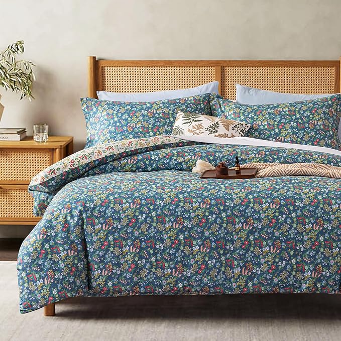 Cotton Floral Comforter Queen Size - 3PC Lightweight Bedding Sets with Ultra-Soft Alternative Fill, Luxurious Reversible Design with Vibrant Floral Pattern, Deep Slate Blue & White Options