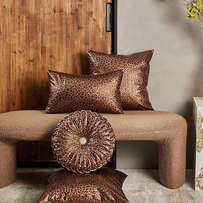 EUCIOR Leopard Gold Throw Pillows,Circular Pillow,Pumpkin Pleated Handmade Throw Pillows,Smooth Metallic Leather Decorative Pillows for Home Decor Bedroom Living Room Couch Bed Sofa