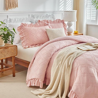 Tufted Grids Ruffle Comforter Set King Size, 3 Pieces Blush Pink Vintage Farmhouse Shabby Chic Comforters, Jacquard Boho Bohemian Bedding Set for All Season (1 Ruffled Comforter+ 2 Pillow Shams)