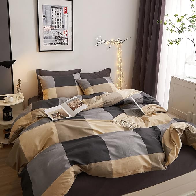 HighBuy King Size Comforter Set Khaki Plaid Comforter Sets King Gingham Checkered Grid Bedding Comforter Modern Geometric Pattern King Bed Comforter Set for All Seasons with 2 Pillowcases